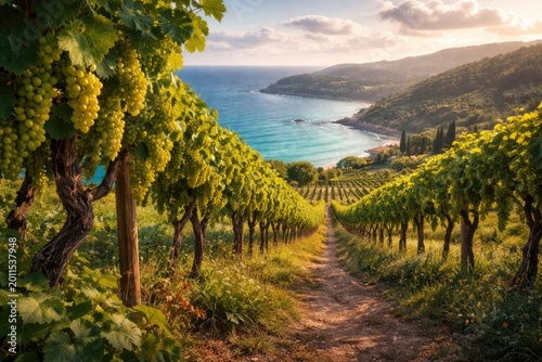 Scenic grapevines stretching across coastal landscape