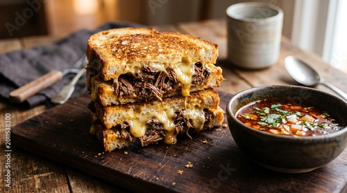 Shredded Beef Birria Grilled Cheese Sandwich with Consome Dipping Soup Vector