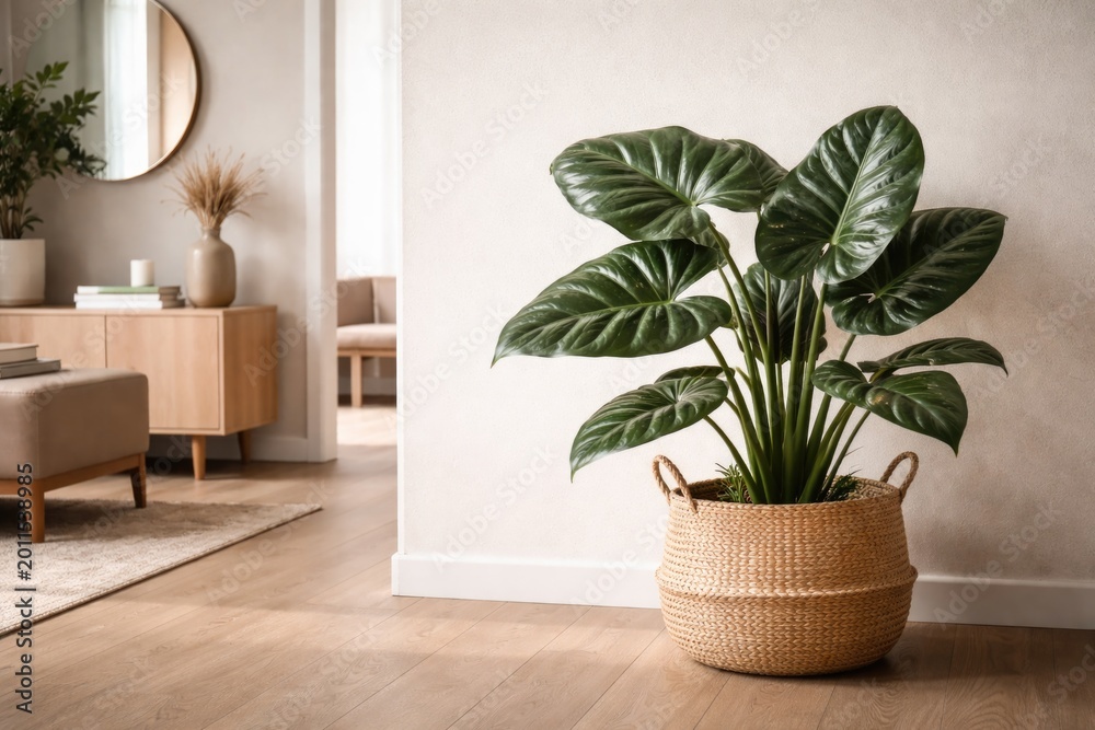 Fototapeta premium Modern indoor environment with a woven basket containing an Alocasia Wentii plant and copy space