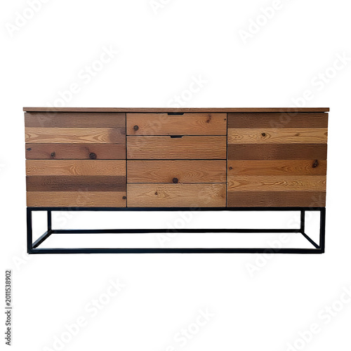 Modern wooden sideboard with multi-toned wood planks and black metal base isolated on transparent background.