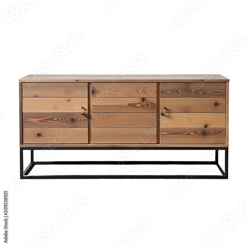Loft-style wooden sideboard with natural texture and black open metal frame isolated on transparent background.