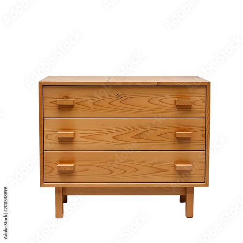 Light wooden chest of three drawers with large blocky wooden handles isolated on transparent background.