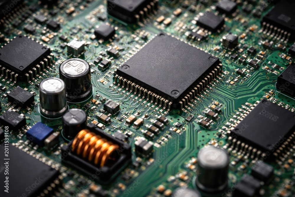 Obraz premium Electronic components on a green circuit board captured in close detail for IT technology business texture