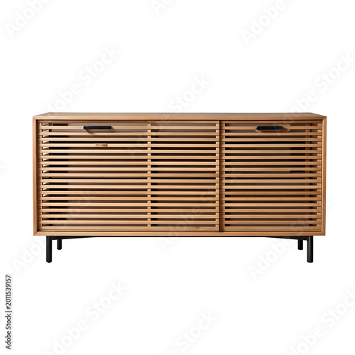 Modern wooden sideboard with slatted sliding doors and black metal legs isolated on transparent background.