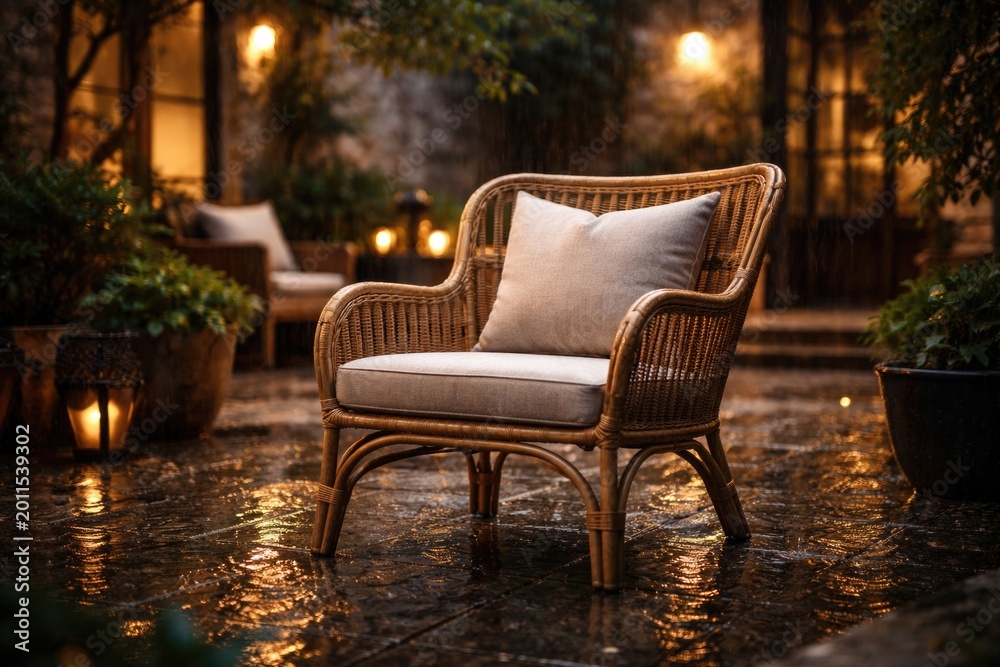 Fototapeta premium Stylish rattan chair placed in a rainy courtyard with soft evening light