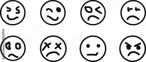 Hand-drawn Emoji Icon Set - Funny Faces, Expressions, Emoticons, Line Art Icons