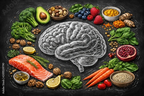 Illustrated chalk brain with an array of brain healthy foods like nuts fish berries and vegetables on black backdrop
