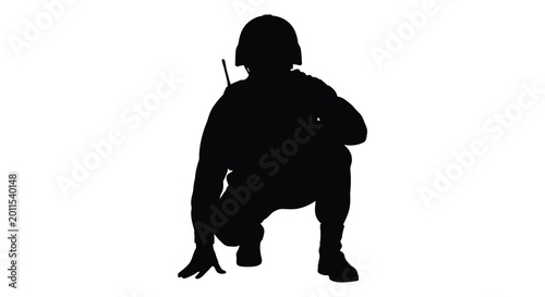 Bild auf Leinwand Soldier in combat gear crouching black silhouette high quality professional