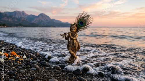 Divine Figure of Krishna on the Seashore During Golden Hour