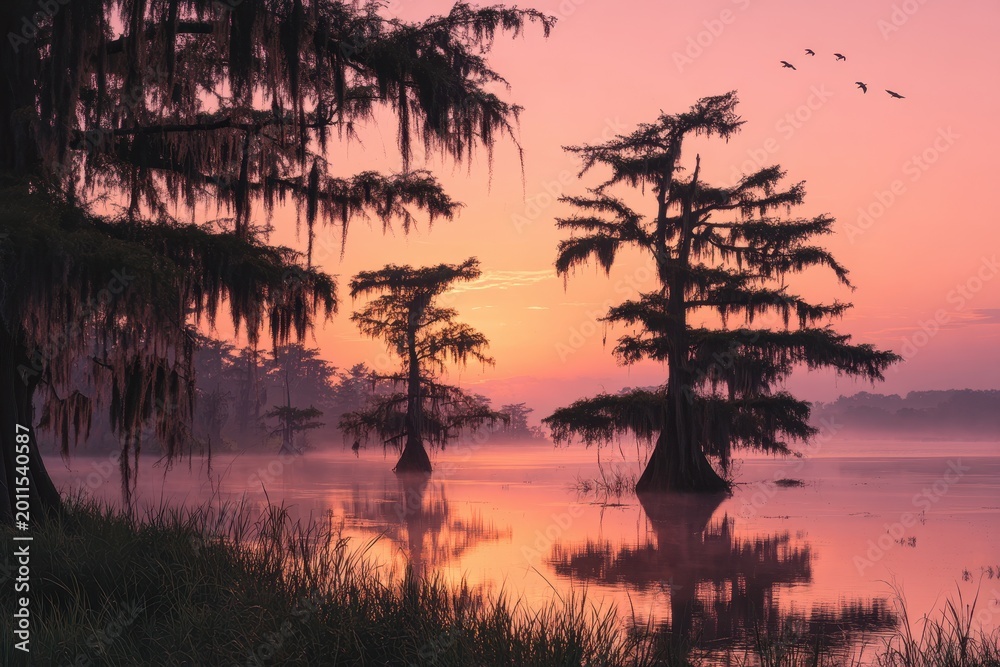 Naklejka premium Golden hour reflections on tranquil swamp water among moss-draped trees