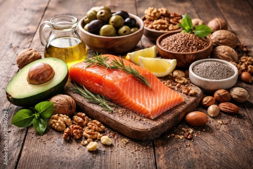 Nutrition rich omega 3 and unsaturated fats in salmon avocado olives and assorted nuts space for text