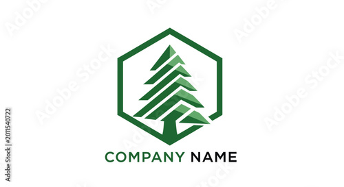Green Hexagonal Logo Featuring Stylized Evergreen Tree.