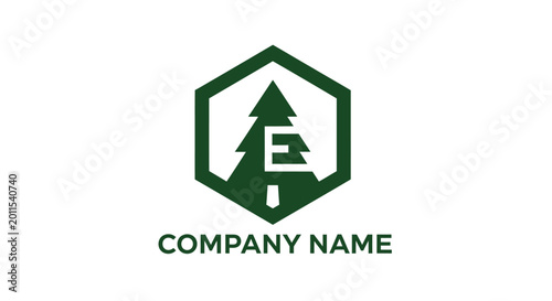 Hexagonal Emblem Featuring a Stylized Evergreen Tree with Letter E.