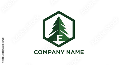 Hexagonal Logo Featuring a Stylized Evergreen Tree and Letter E.