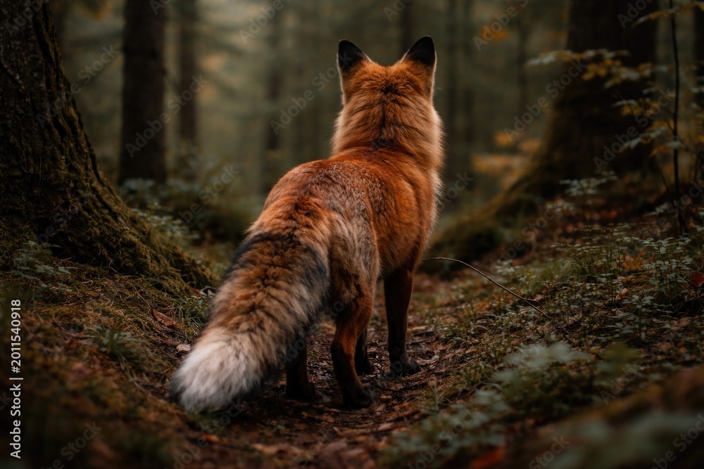 Obraz premium Wild red fox viewed from behind in woodland area