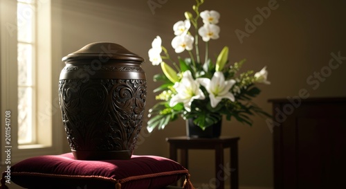 Urn for ashes with wooden ornate finishing and blurred bouquet of white lilies and orchids in funeral home room with dim lighting. Cremation services, memories and respect for beloved member of family