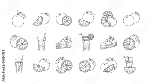 Konstfotografi Hand drawn orange fruits and juice drinks with cake slices
