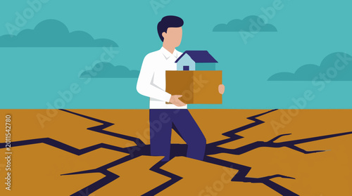 Bilde på lerret Housing crisis concept: Man holding home in a box on cracking ground
