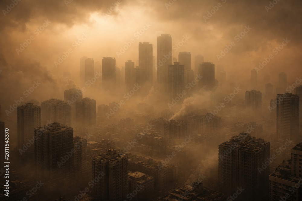Obraz premium Pollution crisis with buildings enveloped by dangerous smog layers