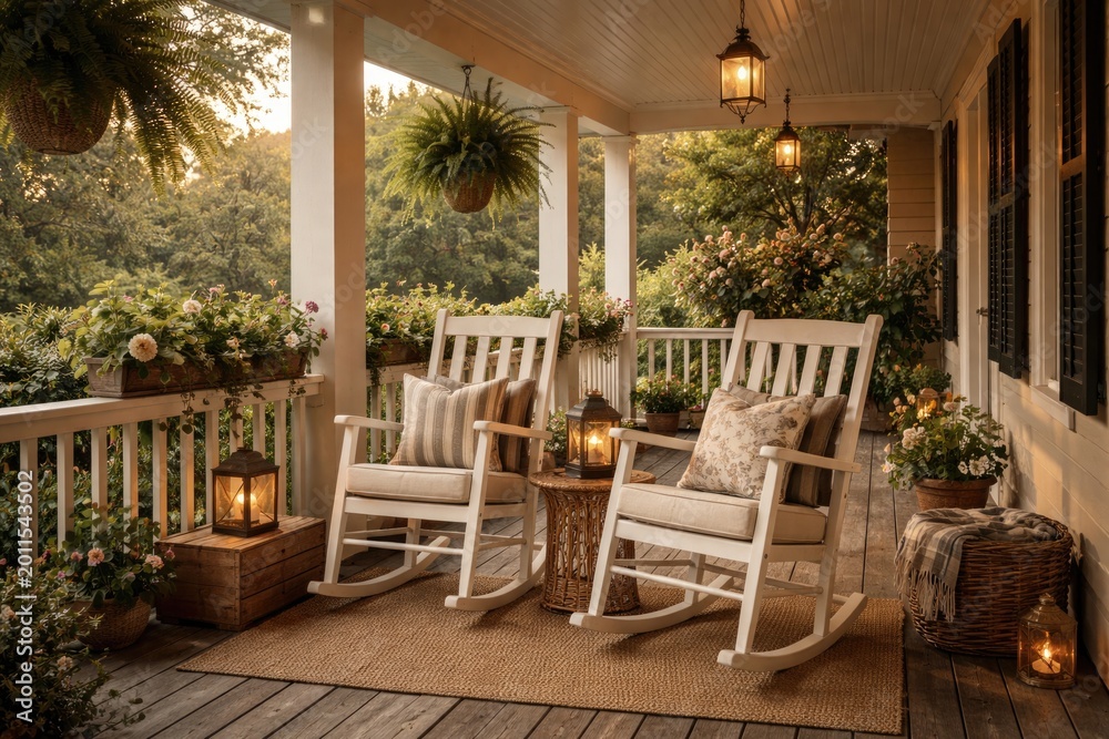 Fototapeta premium Inviting porch with cozy rocking chairs and southern charm atmosphere
