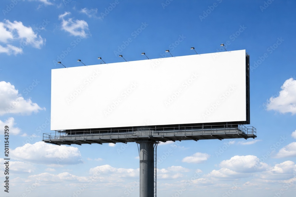 Obraz premium Unfilled billboard mounted below an expansive bright blue sky