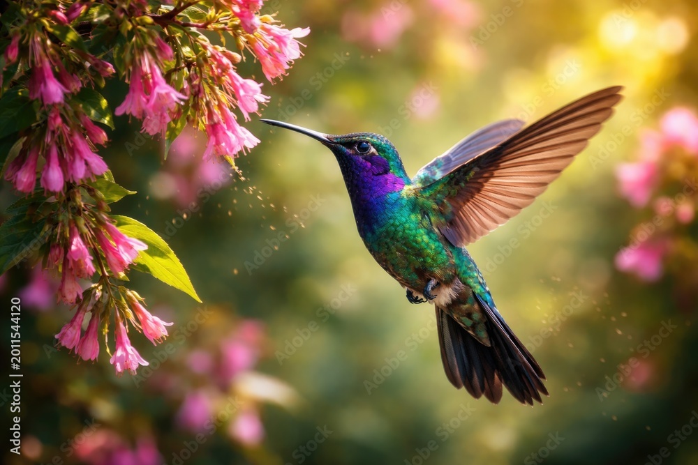 Fototapeta premium Sparkling violetear hummingbird hovering near blossoms