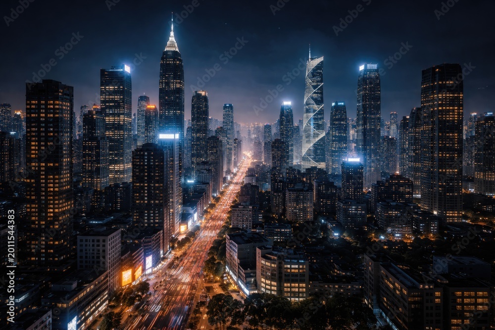 Fototapeta premium Street view showing a glowing modern metropolis at night with illuminated towers