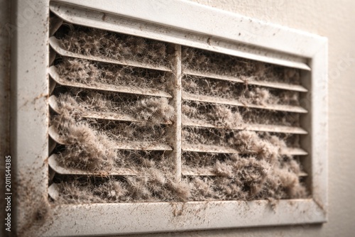 Zoomed image of an HVAC air vent blocked by dust buildup on the filter requiring urgent sanitation and cleaning procedures