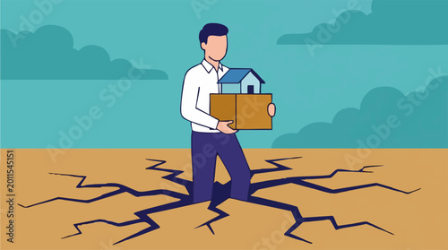 Fotografia Man holding a house and box, standing in cracked ground, housing crisis