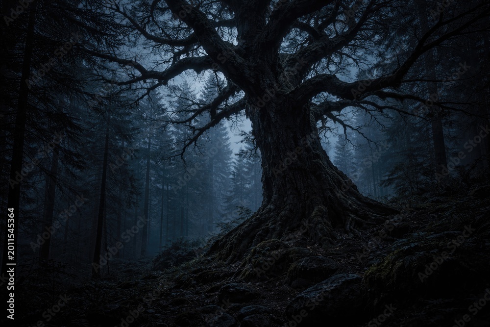 Naklejka premium creepy tree looming over dense woods during nightfall