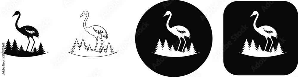 Fototapeta premium Silhouette crane bird standing amidst pine trees in various styles outline black and white