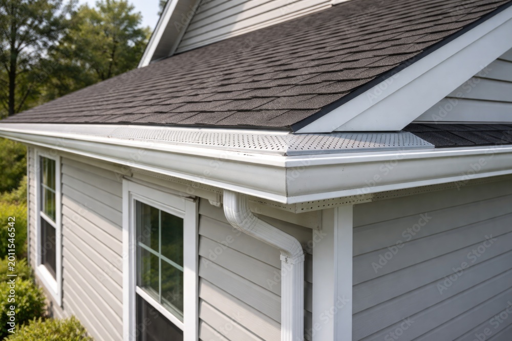 Fototapeta premium Residential house with white gutter guard system and soffit paired with drip edge on horizontal vinyl siding