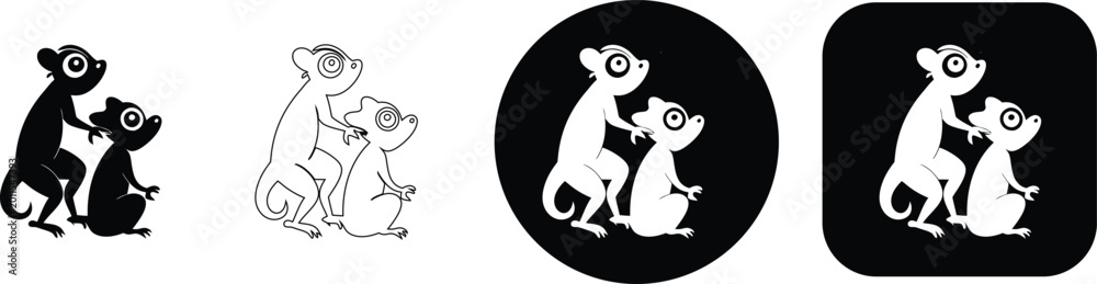 Naklejka premium Two stylized lemurs embracing in various styles animal primate cute black and white