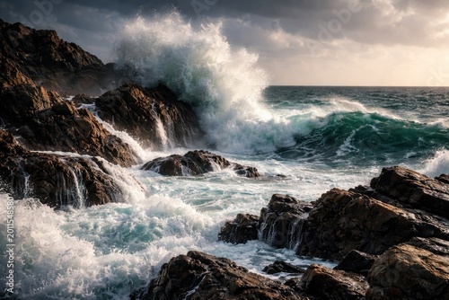 Strong waves colliding with uneven rocky seashore