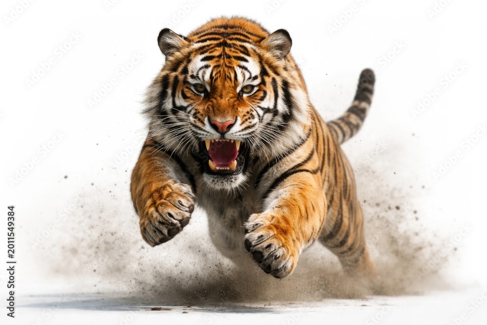 Obraz premium Wild big cat tiger springing forward on white isolated space