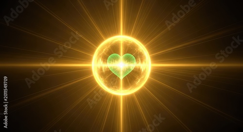 Ethereal golden beams radiating from a central point of light to symbolize a spiritual healing session focused on heart chakra restoration, subtle, serenity, consciousness