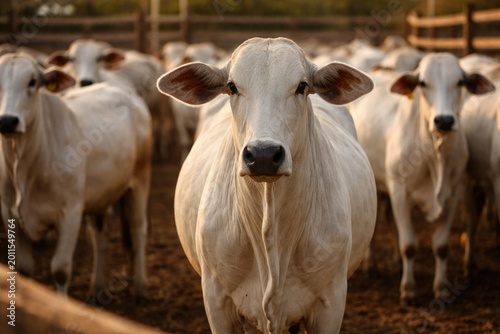 White cow among Nelore cattle in enclosed corral captured in attentive gaze