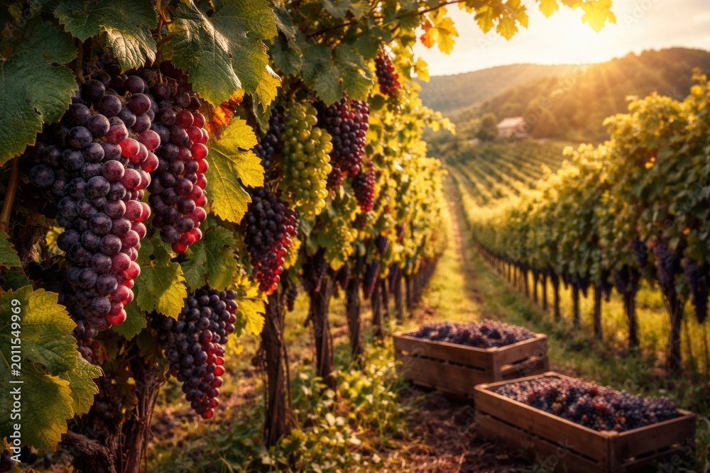 Naklejka premium Vibrant vineyard scenes with ripe grapes ready for harvest