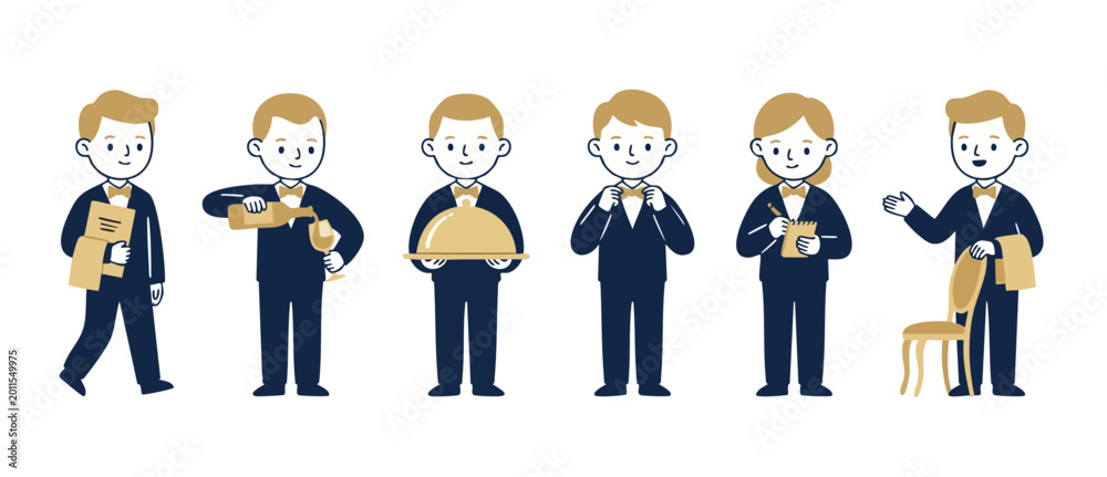 Fototapeta premium Waiter character set restaurant service icons, tuxedo professional staff poses including pouring wine, holding tray, taking order and hospitality management, flat vector illustration for dining concep