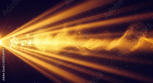 Golden rays of light pierce through a vast abstract void, creating a warm and energetic atmosphere filled with glowing dust and motion, background, brilliance, vibrant