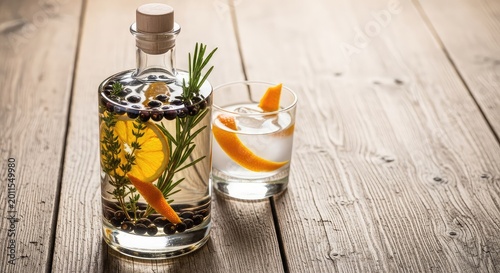 Handcrafted gin in a glass bottle with floating juniper berries, dried orange peel, and herbs, resting on a rustic wooden tabletop surface, natural, wood, organic