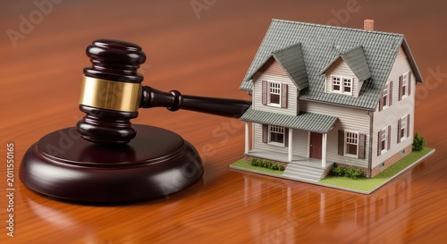 Judicial gavel lies beside a small scale house model on a polished table, symbolizing bankruptcy, law, and financial real estate struggles, finance, law, miniature