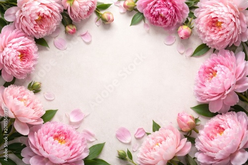 Pink peony blooms styled flat on table surface featuring copy space area