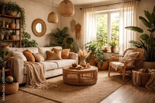 Warm beige living room deco...