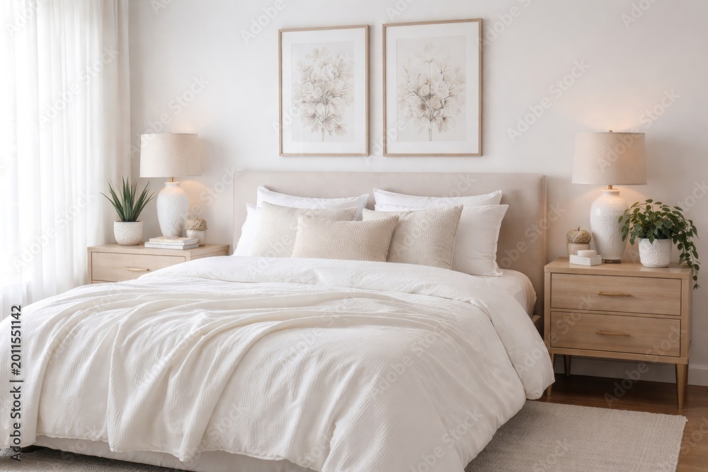 Fototapeta premium White blanket covered bed with pillows and stylish bedside tables featuring decorative potted plants