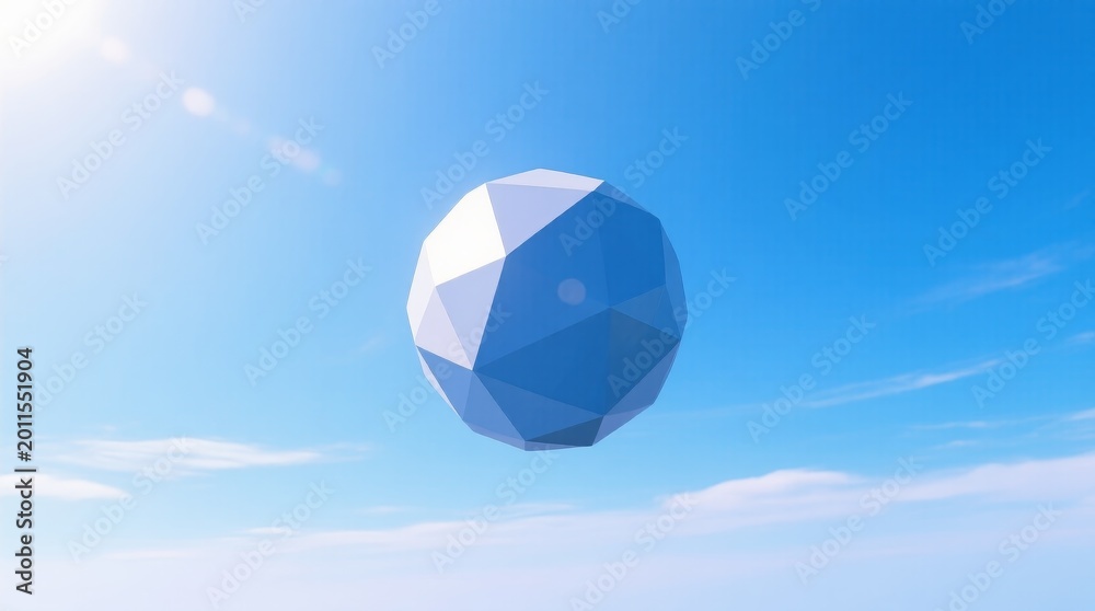 Fototapeta premium A vibrant geometric blue sphere floats against a clear bright sky, capturing the essence of modern design and tranquility in this artistic digital creation.