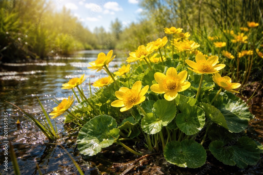 Obraz premium Yellow marsh marigold plants thriving under clear sunny sky illumination
