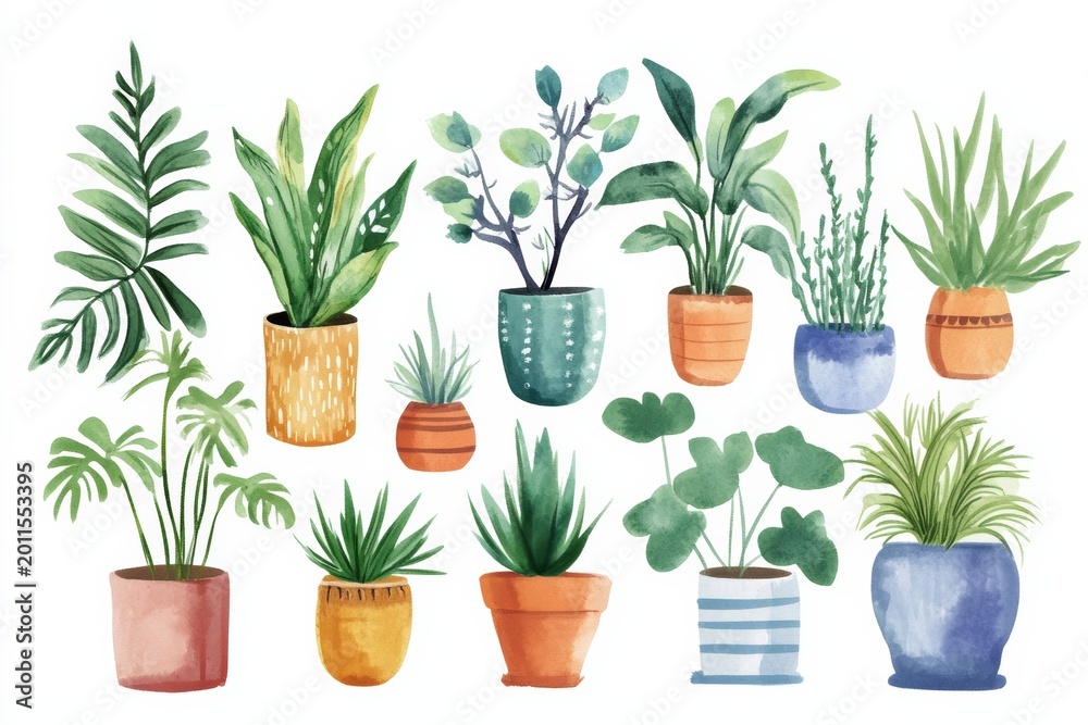 Fototapeta premium Plants in colorful pots arranged in a pattern on a white background with various types of greenery displayed together