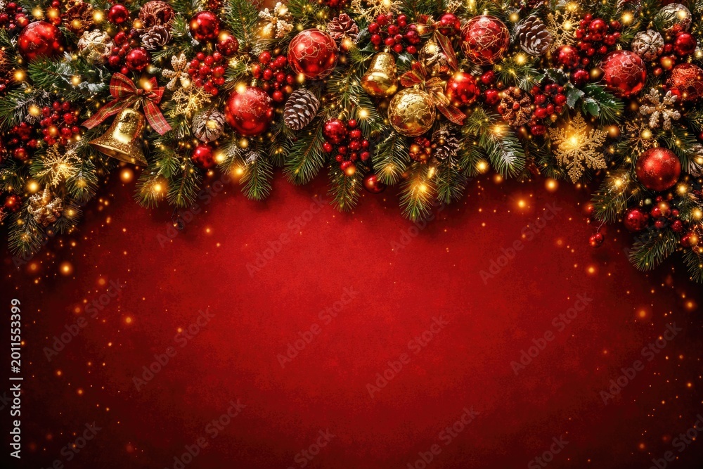 Naklejka premium Red holiday backdrop showcasing detailed Christmas garland ornaments