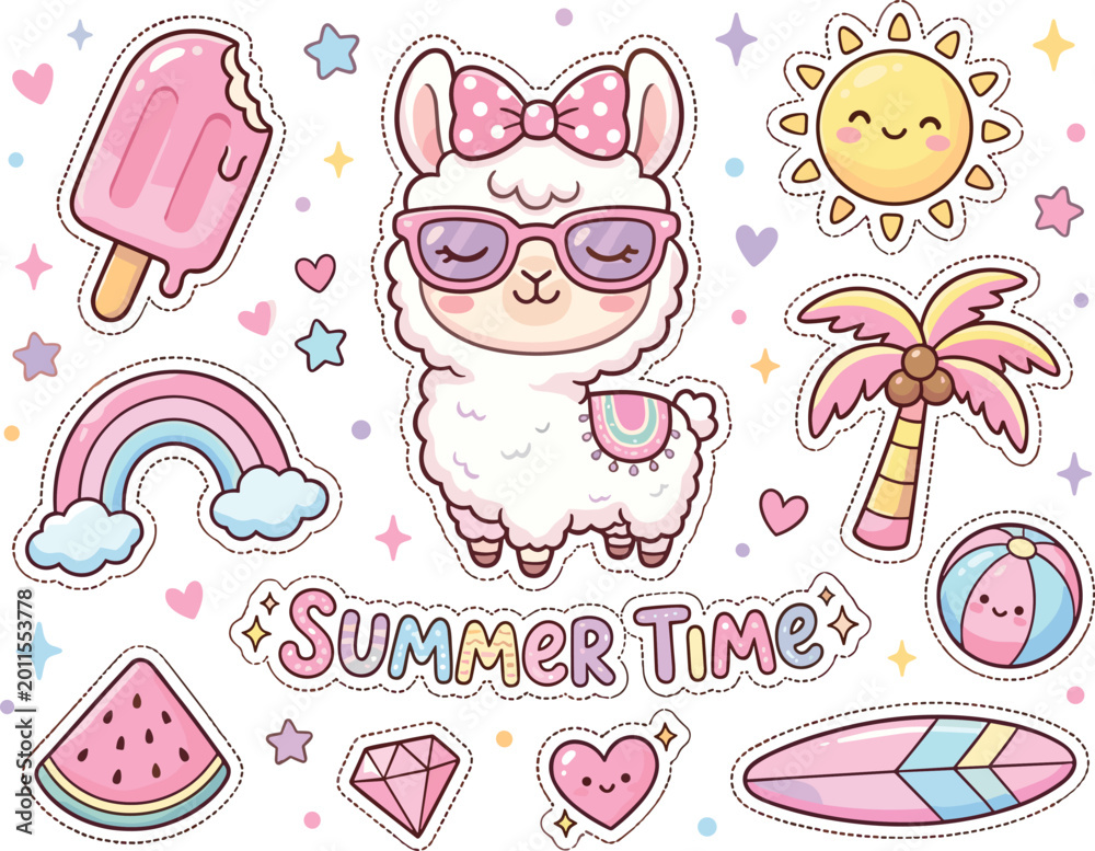 Fototapeta premium Cute Summer Time sticker collection featuring a kawaii llama, tropical elements, and fun beach vacation icons illustration